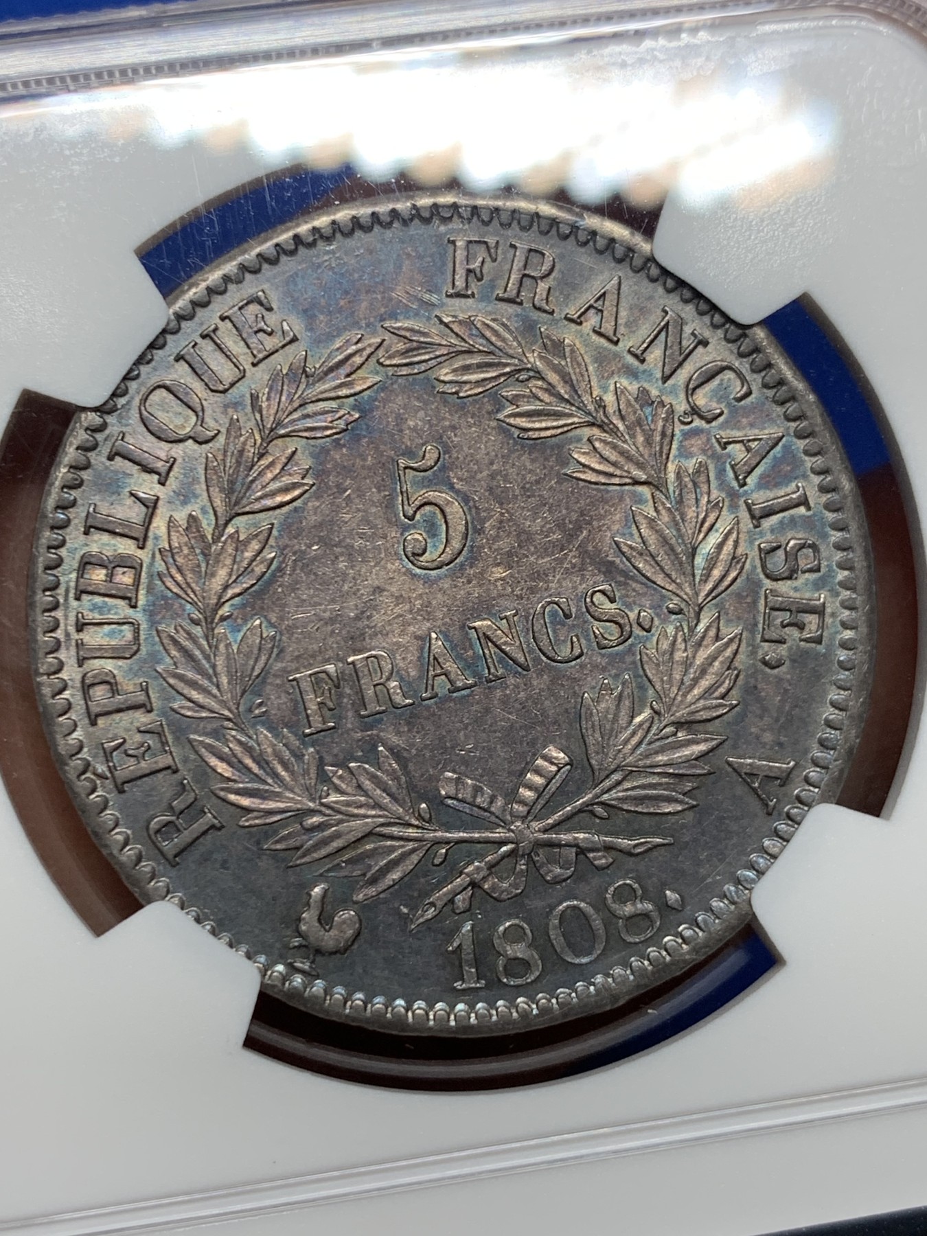 《竞宝斋》圣诞专辑  第二场  第228场 定制纪念章相赠 (全场顺丰包邮) NGC-AU55 法国1808年拿破仑大帝5法郎银币 特年，是拿破仑皇帝桂冠头像的共和版唯一年份，炫彩紫老包浆，有转光，状态极佳