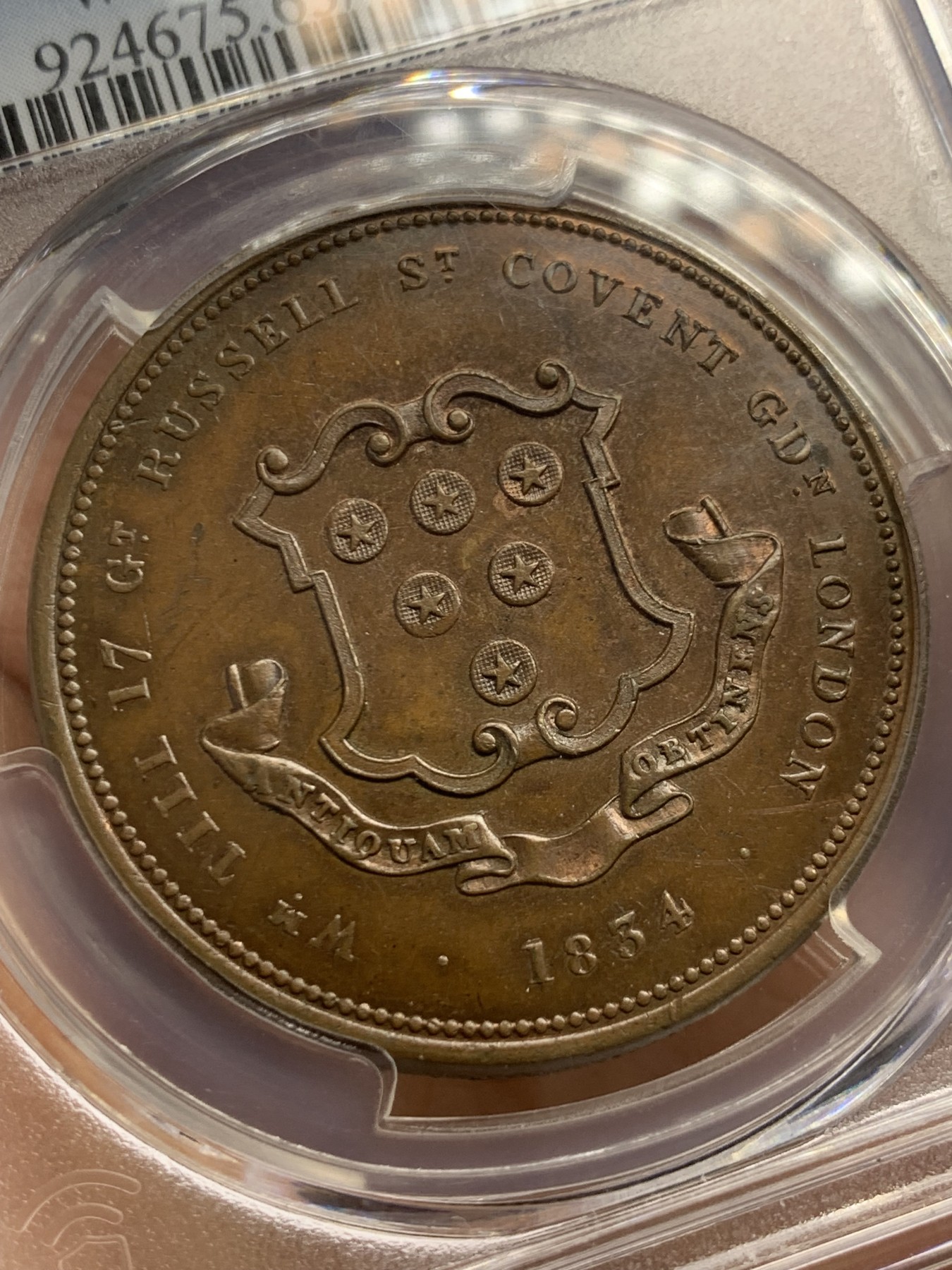 《竞宝斋》圣诞专辑  第二场  第228场 定制纪念章相赠 (全场顺丰包邮) PCGS MS63 唯一冠军 英国1834年Token一便士，著名币商William Till广告币，1便士面值罕见