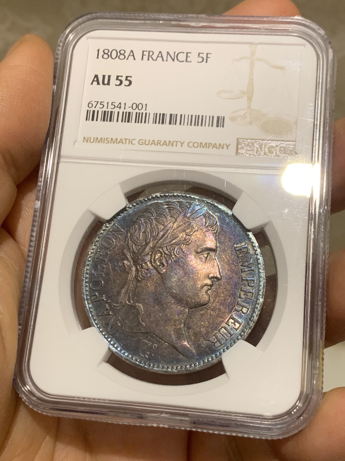 《竞宝斋》圣诞专辑  第二场  第228场 定制纪念章相赠 (全场顺丰包邮) NGC-AU55 法国1808年拿破仑大帝5法郎银币 特年，是拿破仑皇帝桂冠头像的共和版唯一年份，炫彩紫老包浆，有转光，状态极佳