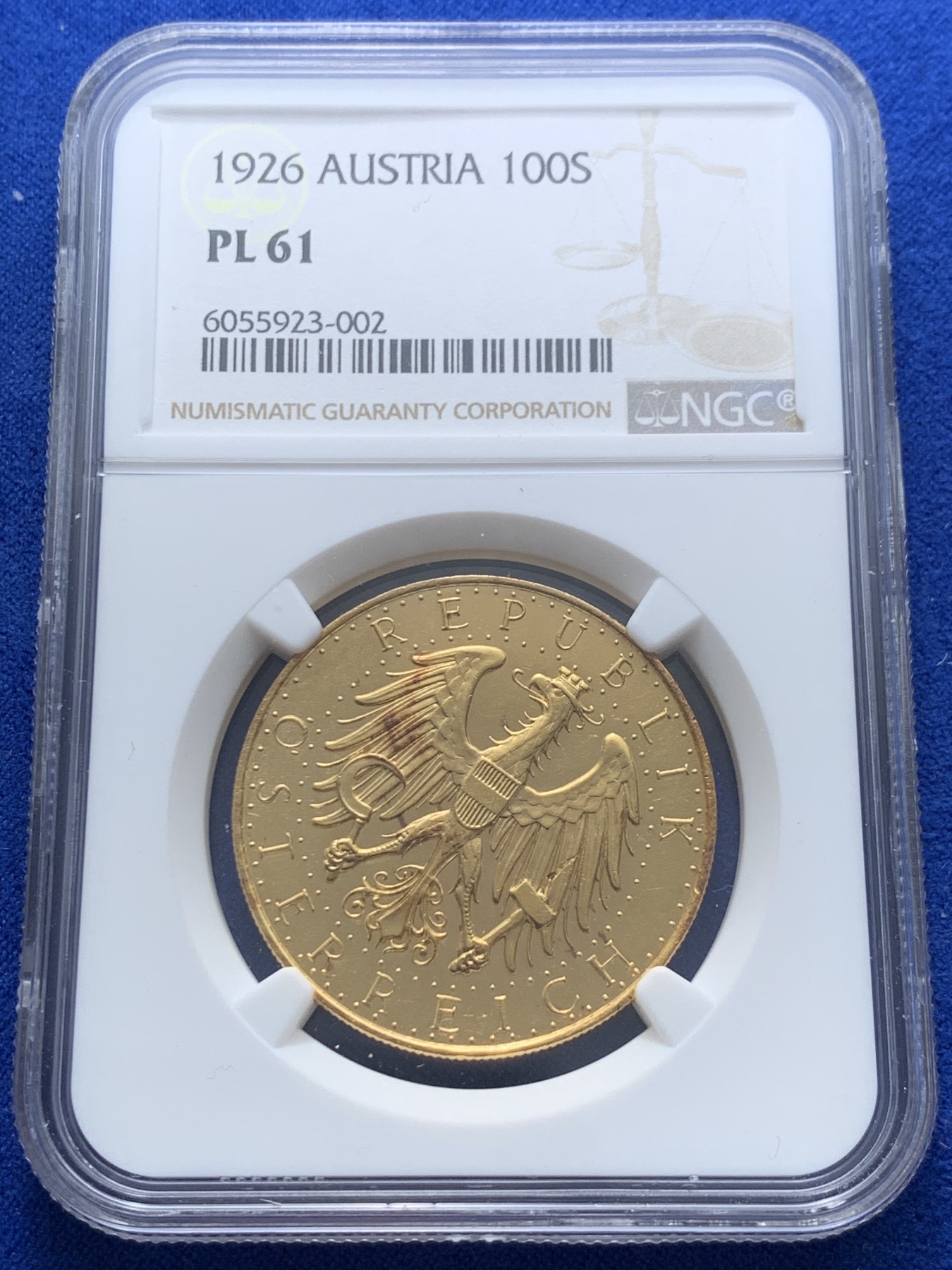 《竞宝斋》圣诞专辑  第二场  第228场 定制纪念章相赠 (全场顺丰包邮) NGC PL61 1926年奥地利100先令金币 类镜面 23.525克 900金 直径33MM