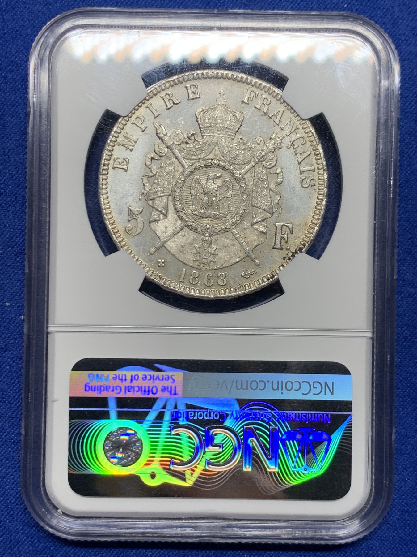 《竞宝斋》圣诞专辑  第二场  第228场 定制纪念章相赠 (全场顺丰包邮) NGC-MS62 法兰西第二帝国 拿破仑三世 1868年5法郎银币  细节满满  淡黄包浆 车轮光犹在 通货常见好品难得  值得入手