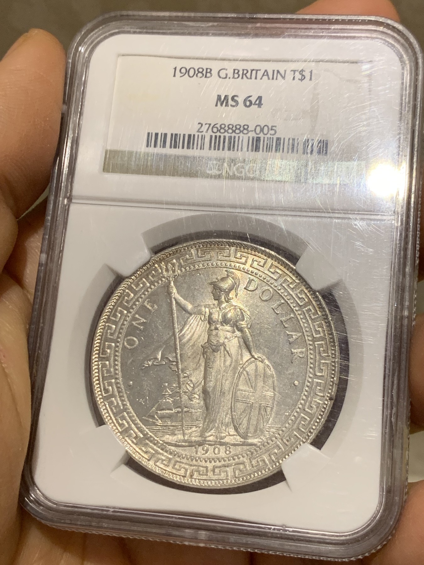 《竞宝斋》圣诞专辑  第二场  第228场 定制纪念章相赠 (全场顺丰包邮) NGC-MS64 1908年B 站洋一元 银币 不错的年份 淡黄彩