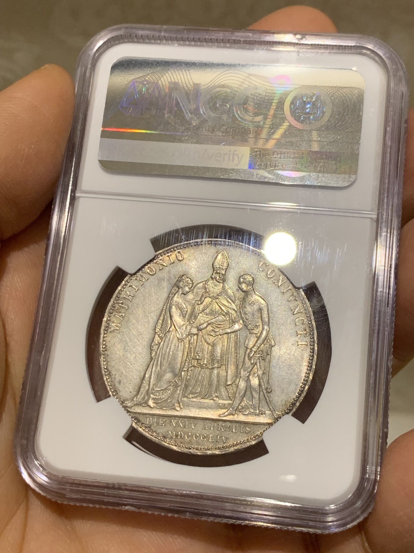 《竞宝斋》圣诞专辑  第二场  第228场 定制纪念章相赠 (全场顺丰包邮) NGC-MS62 奥匈帝国 1854年 2盾 茜茜公主大婚纪念银币 包浆纯粹 浮雕神圣深邃 年度收藏精选