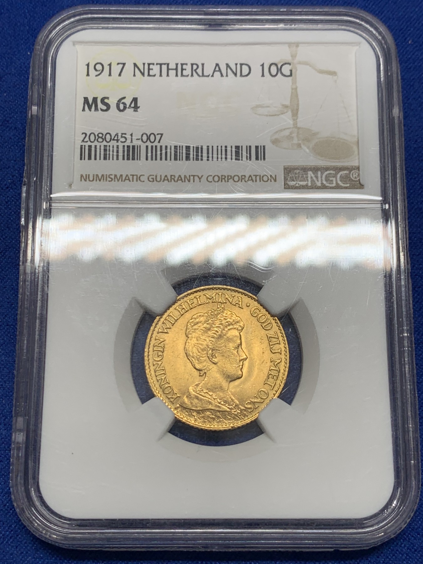 《竞宝斋》圣诞专辑  第二场  第228场 定制纪念章相赠 (全场顺丰包邮) NGC-MS64 1917荷兰威廉明娜10盾金币 少妇版车轮光金灿灿 热门好品潜力高