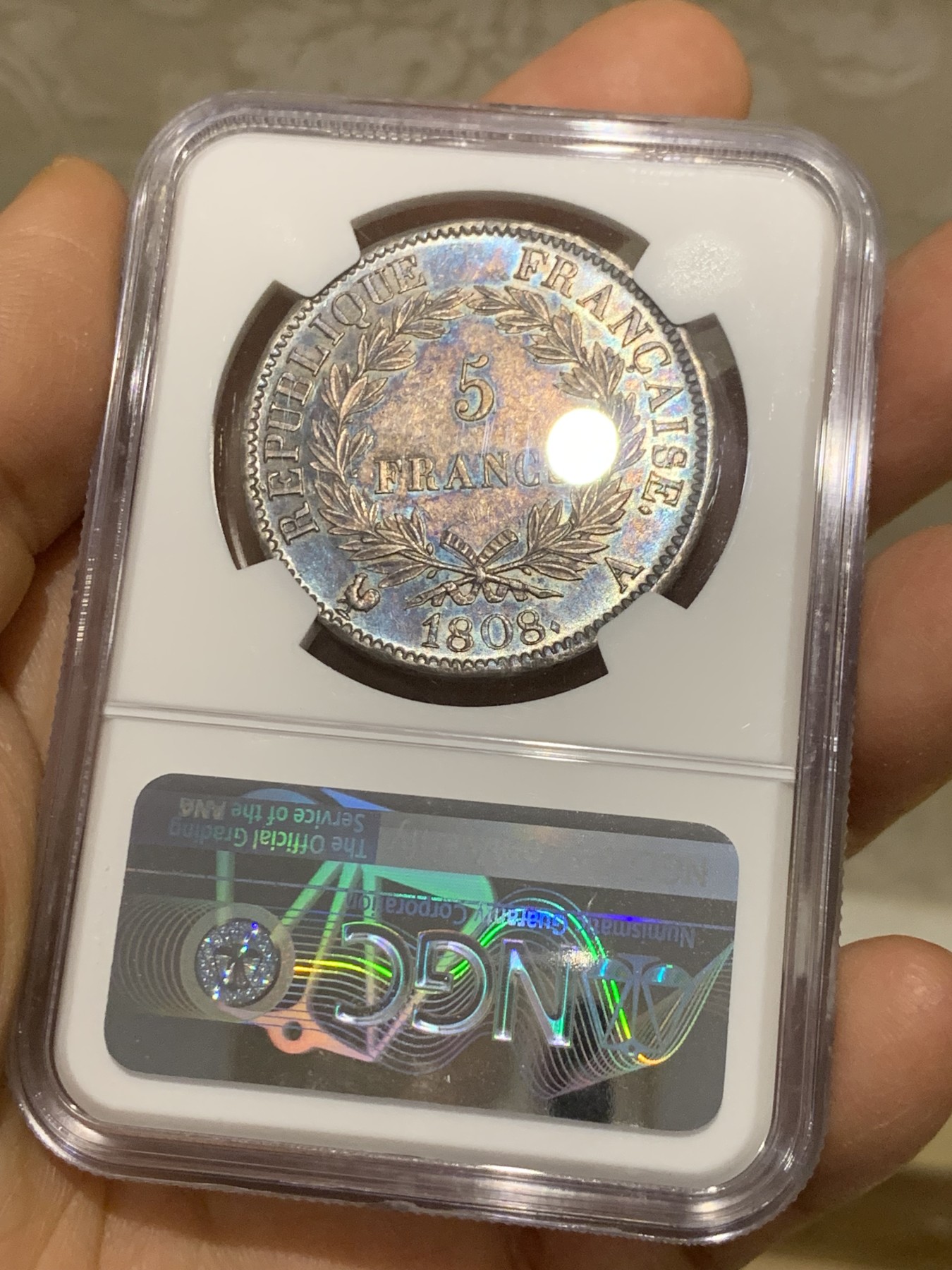 《竞宝斋》圣诞专辑  第二场  第228场 定制纪念章相赠 (全场顺丰包邮) NGC-AU55 法国1808年拿破仑大帝5法郎银币 特年，是拿破仑皇帝桂冠头像的共和版唯一年份，炫彩紫老包浆，有转光，状态极佳