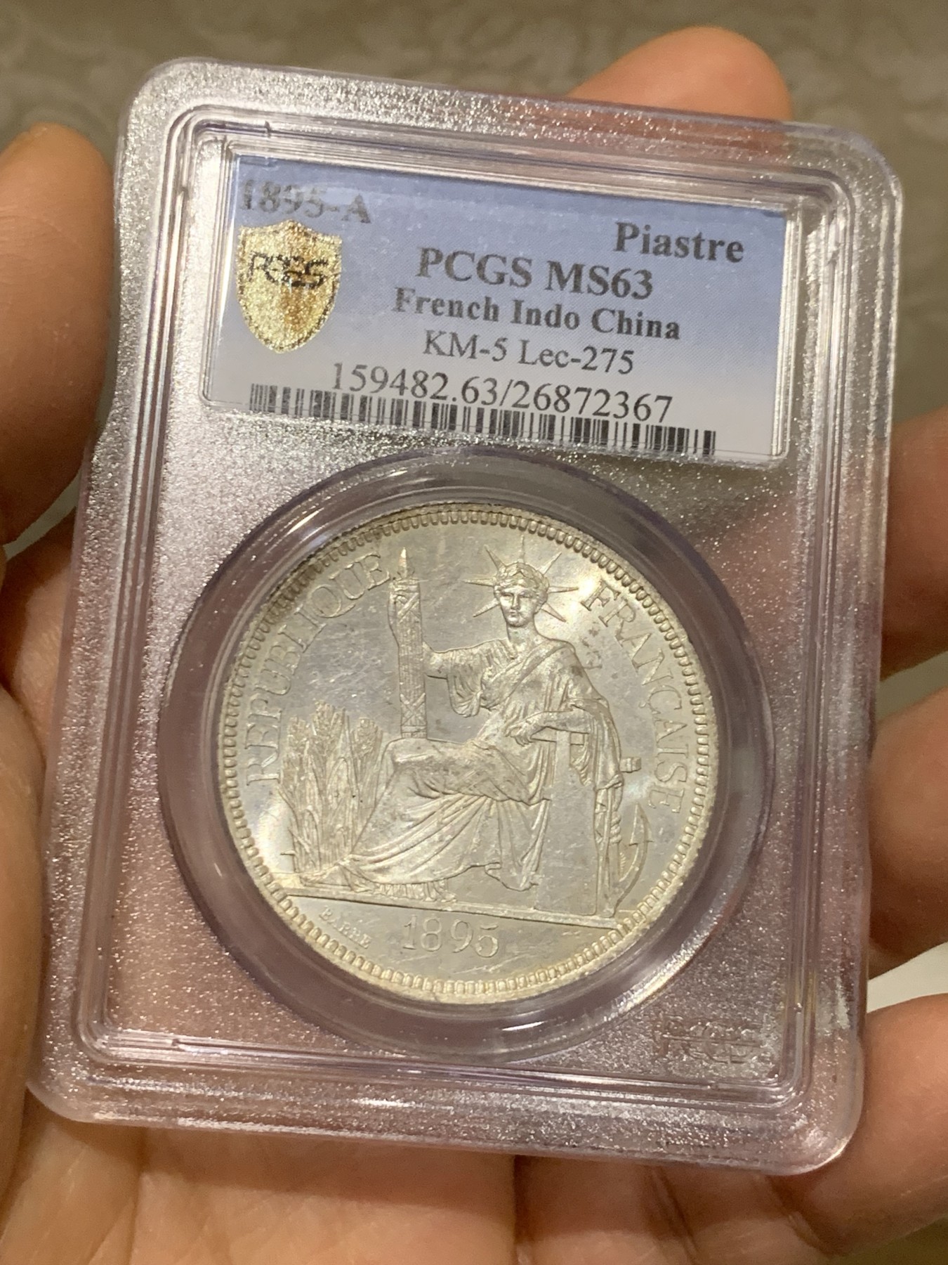 《竞宝斋》圣诞专辑  第二场  第228场 定制纪念章相赠 (全场顺丰包邮) PCGS MS63 法属印支 1895年加重坐洋，车轮炫光！