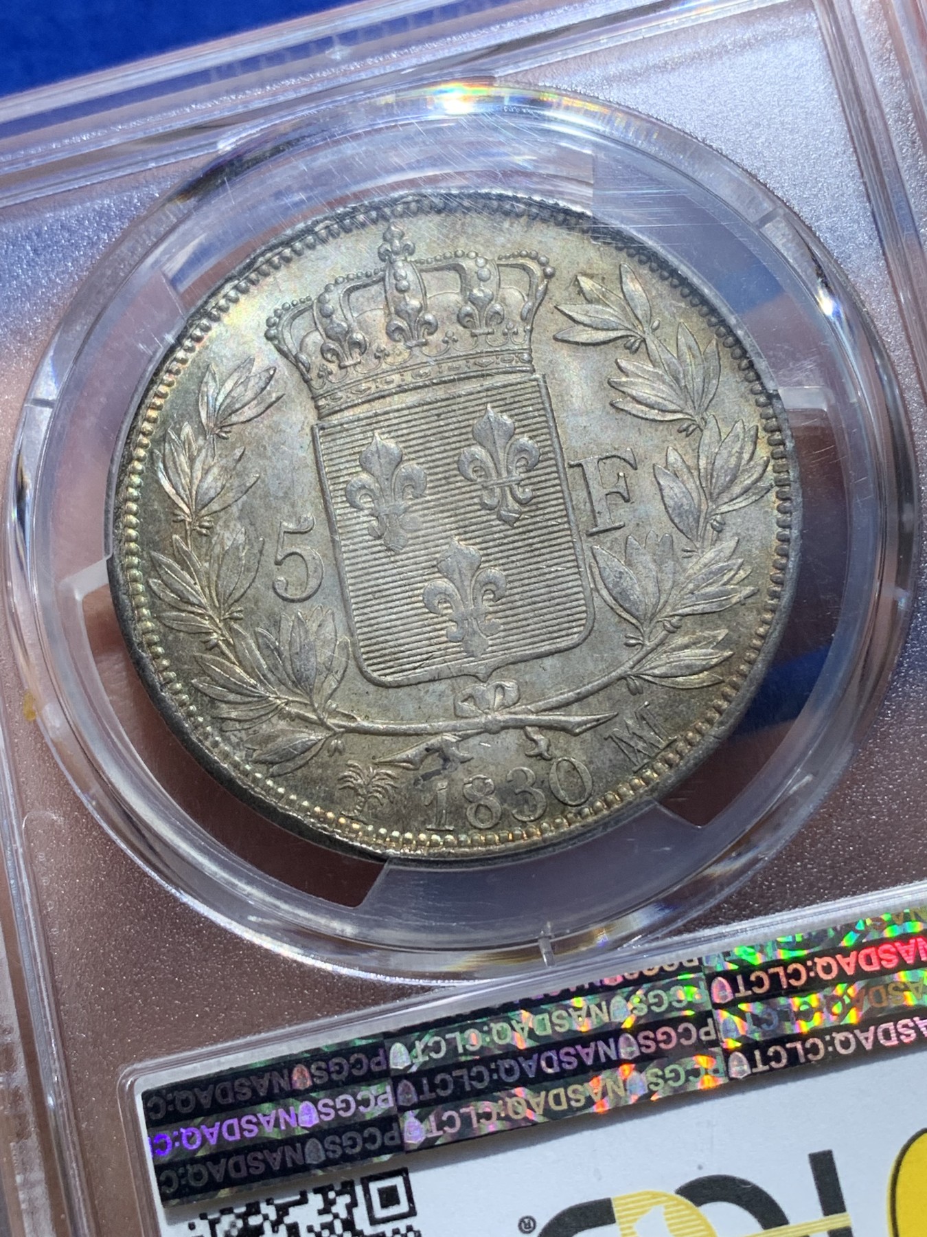 《竞宝斋》圣诞专辑  第二场  第228场 定制纪念章相赠 (全场顺丰包邮) PCGS MS63 法国 1830年 马赛厂 查理十世 小字版 5法郎银币 难得的五彩包浆 发行量只有180万枚