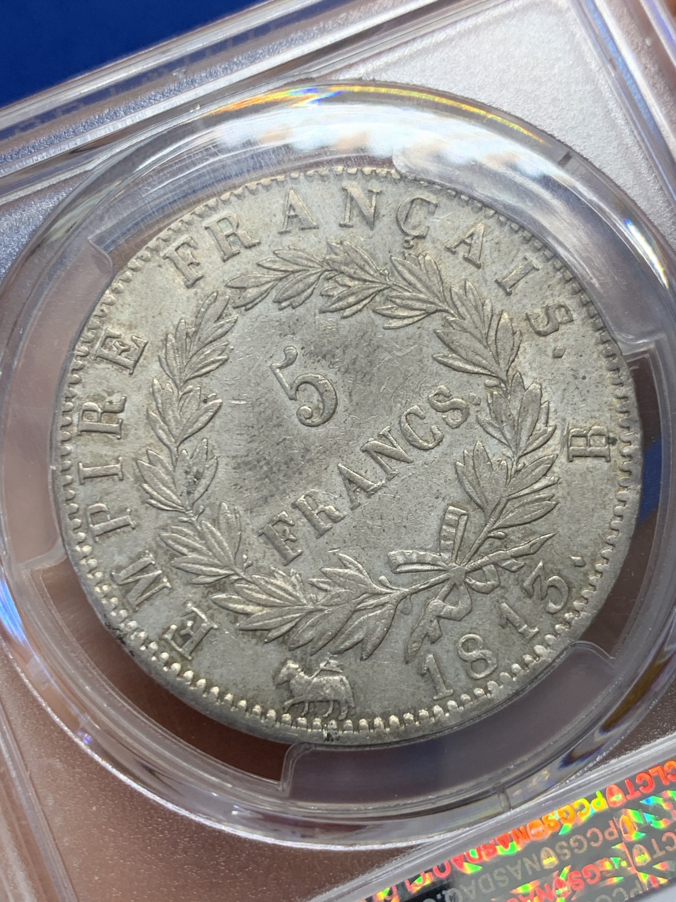 《竞宝斋》圣诞专辑  第二场  第228场 定制纪念章相赠 (全场顺丰包邮) PCGS AU55 法国1813年拿破仑一世5法郎银币 少见鲁昂造币厂 原味带光全深打 55分的1枚 更高分4枚 有分的非常稀少