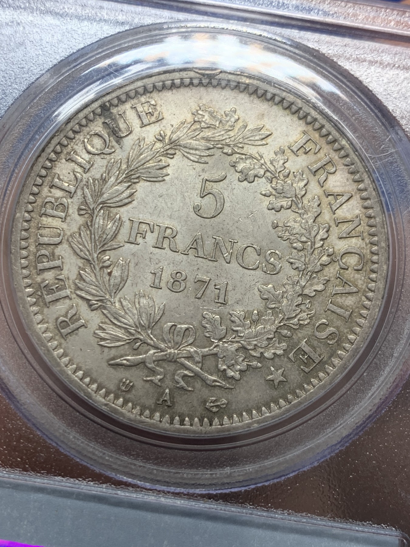 《竞宝斋》圣诞专辑  第二场  第228场 定制纪念章相赠 (全场顺丰包邮) PCGS-MS63 法国 1871巴黎公社大力神5法郎银币，这不是三共也不是二共，而是第一个无产阶级临时政府，厂标三叉戟，国内首见！