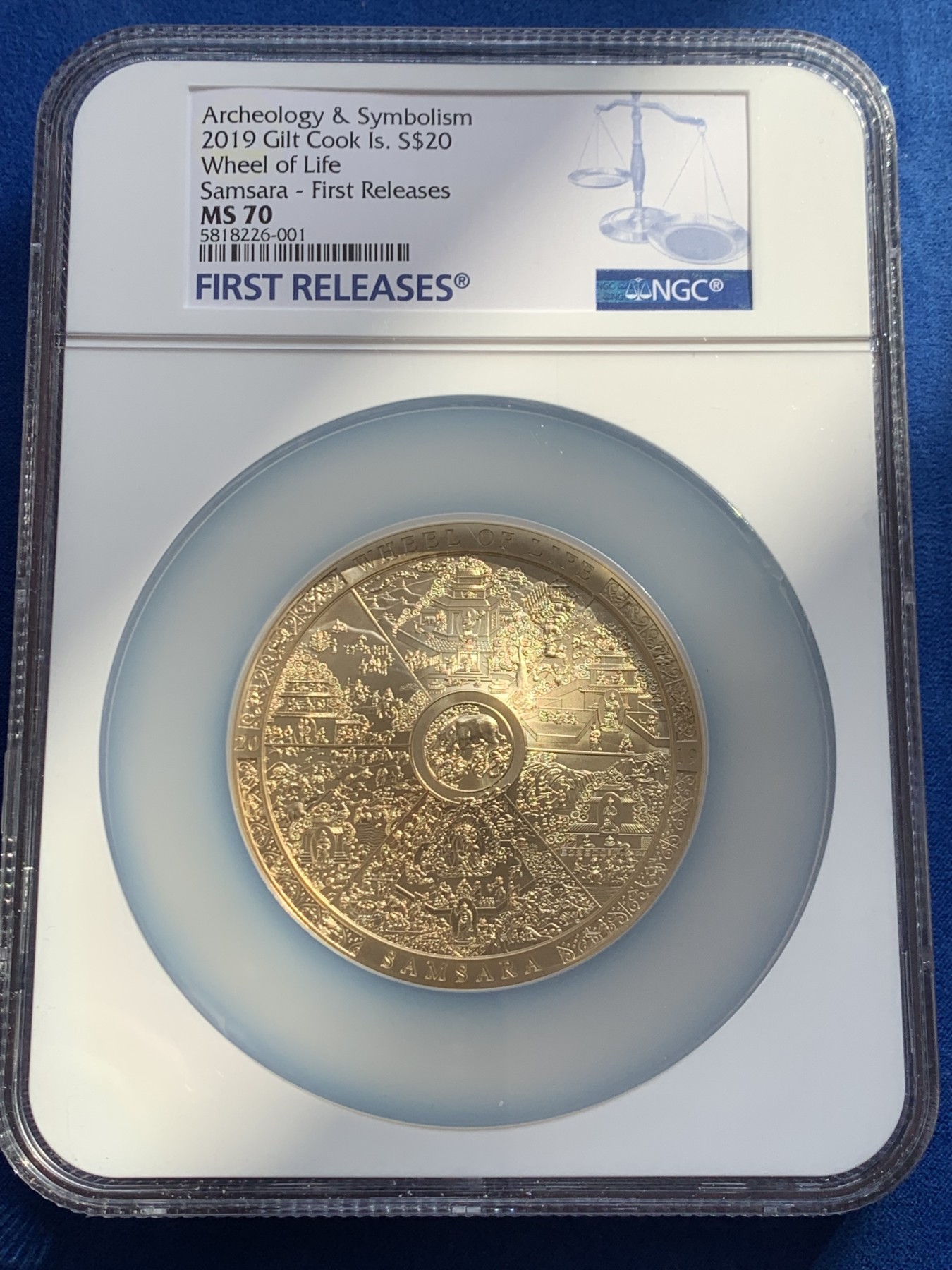 《竞宝斋》圣诞专辑  第二场  第228场 定制纪念章相赠 (全场顺丰包邮) NGC MS70 2019年库克考古学系列-生命之轮镀金银币（限量-蓝标首期）， 65mm，3盎司，999银，市场价值5000+，发行量33枚。