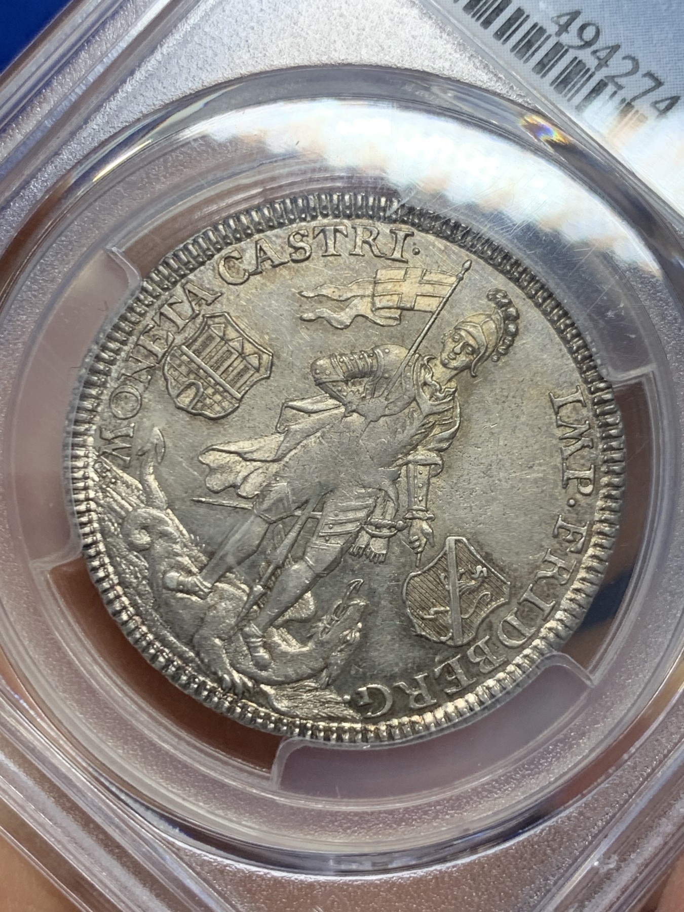 《竞宝斋》圣诞专辑  第二场  第228场 定制纪念章相赠 (全场顺丰包邮) PCGS-MS62 1766神圣罗马帝国弗里德贝格重甲武士1/2泰勒银币 非常少见，PL底板