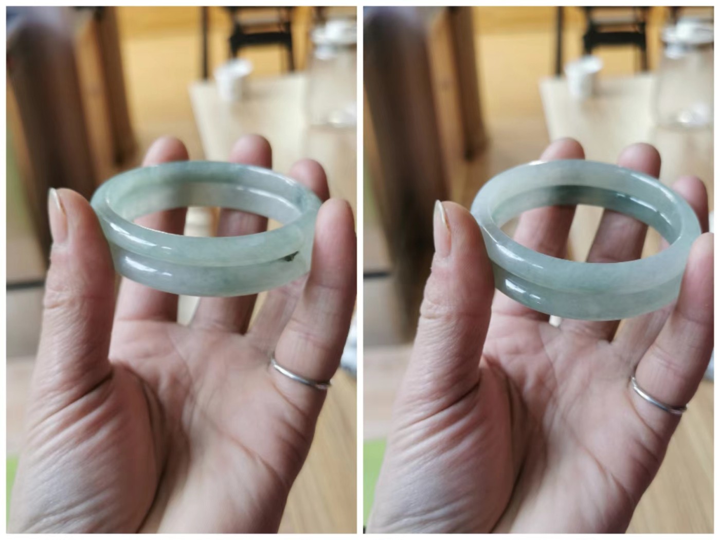 天然翡翠圆条手镯一对