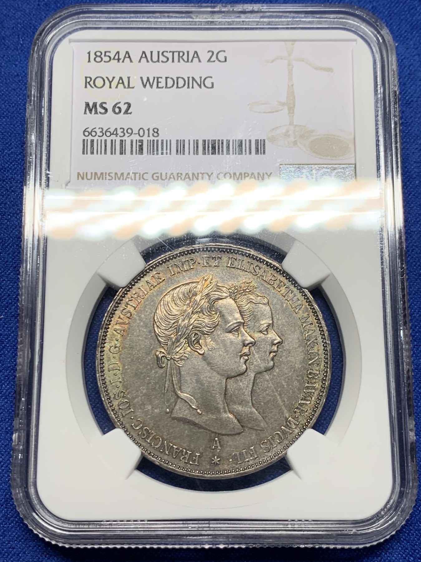 《竞宝斋》圣诞专辑  第二场  第228场 定制纪念章相赠 (全场顺丰包邮) NGC-MS62 奥匈帝国 1854年 2盾 茜茜公主大婚纪念银币 包浆纯粹 浮雕神圣深邃 年度收藏精选