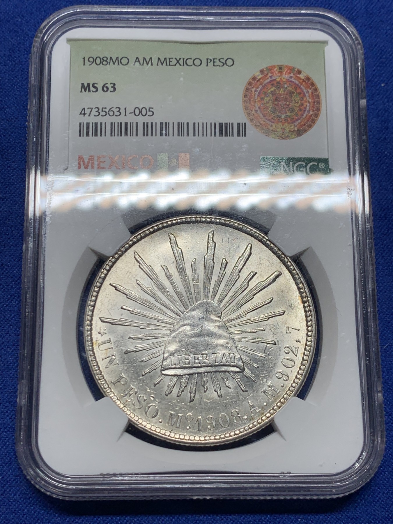 《竞宝斋》圣诞专辑  第二场  第228场 定制纪念章相赠 (全场顺丰包邮) NGC MS63 墨西哥1908年MoAM版直边鹰洋1比索银币 墨西哥本土ngc评级