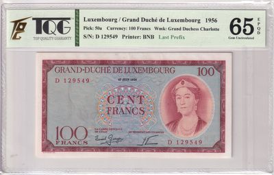 🌗乐淘淘世界纸币收藏拍卖 第36期🌓 【D 129549】卢森堡1956年纸币 100法郎 TQG65EPQD
