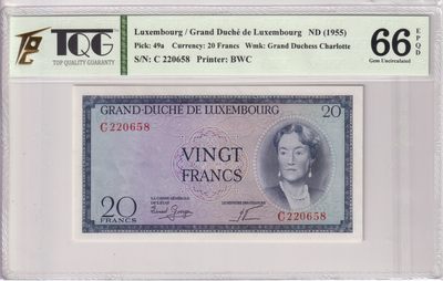 🌗乐淘淘世界纸币收藏拍卖 第36期🌓 【C 220658】卢森堡1955年纸币 20法郎 无47 TQG66EPQD