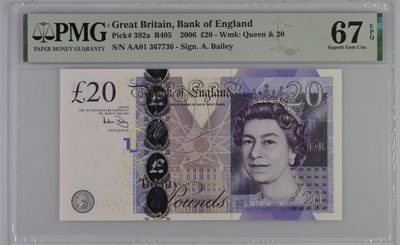 收藏联盟Quantum Auction 第314期拍卖  - 英国2006年20镑 PMG67 首发AA01冠 号码无4 音乐作曲家 艾德加爵士