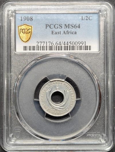 第28期钱币微拍  全场包邮 年终有奖竞拍 - PCGS MS64 英属东非 1908年 爱德华七世 1/2分铝币 筋币 唯一亚军 最高65仅1枚