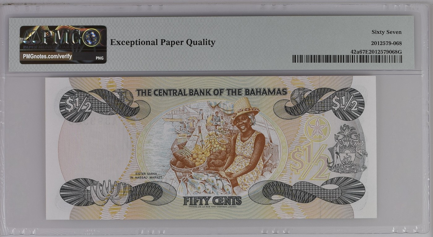 收藏联盟Quantum Auction 第314期拍卖  巴哈马1974 (ND 1984)年1/2元 PMG67 首发A冠 号码无47 双尾号88