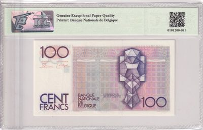🌗乐淘淘世界纸币收藏拍卖 第36期🌓 【10805610220】比利时1982-94年纸币 100法郎 长号无47 TQG66GEPQ
