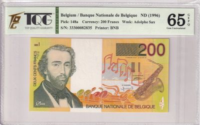 🌗乐淘淘世界纸币收藏拍卖 第36期🌓 【33300082835】比利时1996年纸币 200法郎 长号无四七 TQG65GEPQ