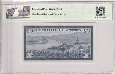🌗乐淘淘世界纸币收藏拍卖 第36期🌓 【C 220658】卢森堡1955年纸币 20法郎 无47 TQG66EPQD