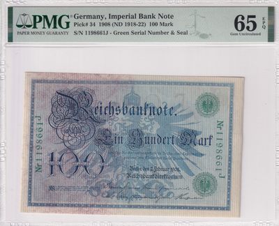 🌗乐淘淘世界纸币收藏拍卖 第36期🌓 【1198661】德国1908年纸币 100马克 倒置号 百年老钞 PMG65EPQ