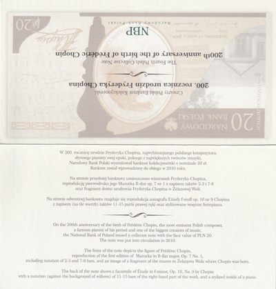 🌗乐淘淘世界纸币收藏拍卖 第36期🌓 【FC0103004】波兰2009年纸币 20兹罗提 肖邦纪念钞 原装册