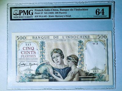 【Blue Auction】✨世界纸币精拍第410期【精】 -  法属印支 1939年500皮阿斯特 PMG64 经典母子地球仪 设计非常精美 老壳子 