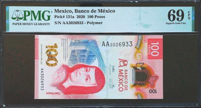 世界靓号纸钞第三十六期-新年迎元旦（有更新） - 2020年墨西哥100比索 首发AA冠 全程无47 PMG69超级高分 亚军分 2020年世界最佳纸币 无47的已经相当难找了