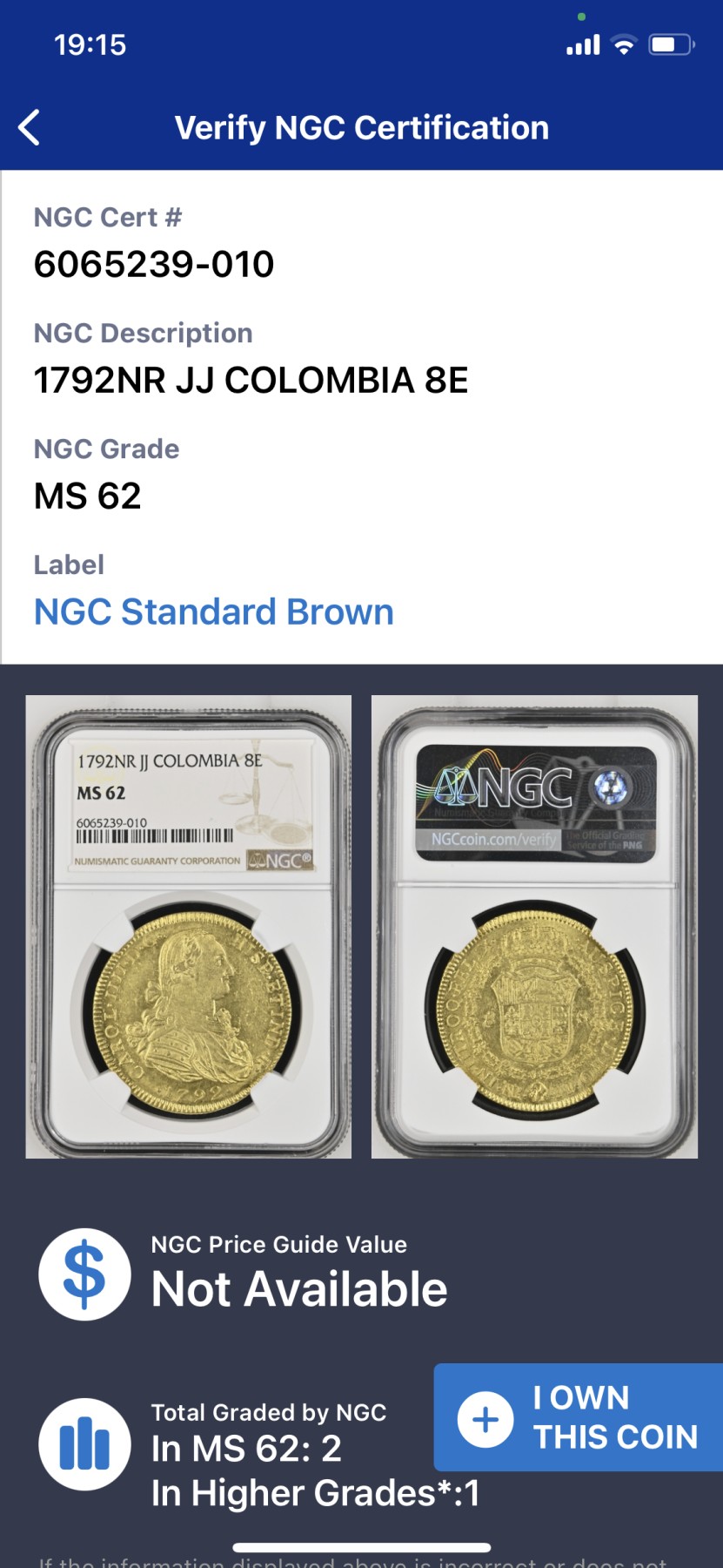 《竞宝斋》圣诞专辑  第二场  第228场 定制纪念章相赠 (全场顺丰包邮) NGC-MS62 1792年西属哥伦比亚8埃斯库多金币 早期卡四，打制完美，没有减重痕，MS西属大金及其难得,唯二亚军分，上面只有一个63