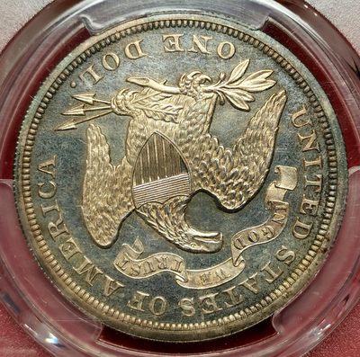 罕！1869美国seated liberty坐神壹元大银精铸PCGS-PR63CAMEO 发行量仅仅600枚的美利坚精制主币，镜面喷砂效果强烈，女神和雄鹰细节拉满，配上双面均匀的淡彩包浆，绝对是值得藏家出手的一枚。