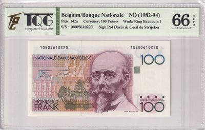 🌗乐淘淘世界纸币收藏拍卖 第36期🌓 【10805610220】比利时1982-94年纸币 100法郎 长号无47 TQG66GEPQ