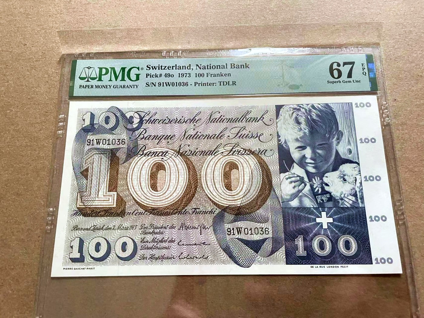 【Blue Auction】✨世界纸币精拍第410期【精】 【无47】瑞士 1973年100法郎 圣马丁割袍 PMG67EPQ 高分 