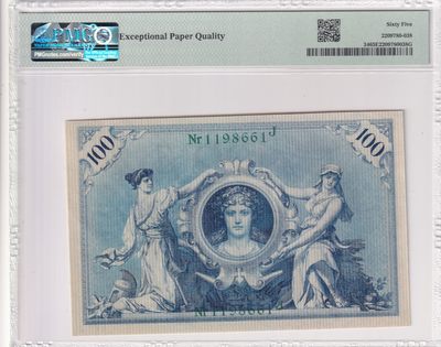 🌗乐淘淘世界纸币收藏拍卖 第36期🌓 【1198661】德国1908年纸币 100马克 倒置号 百年老钞 PMG65EPQ