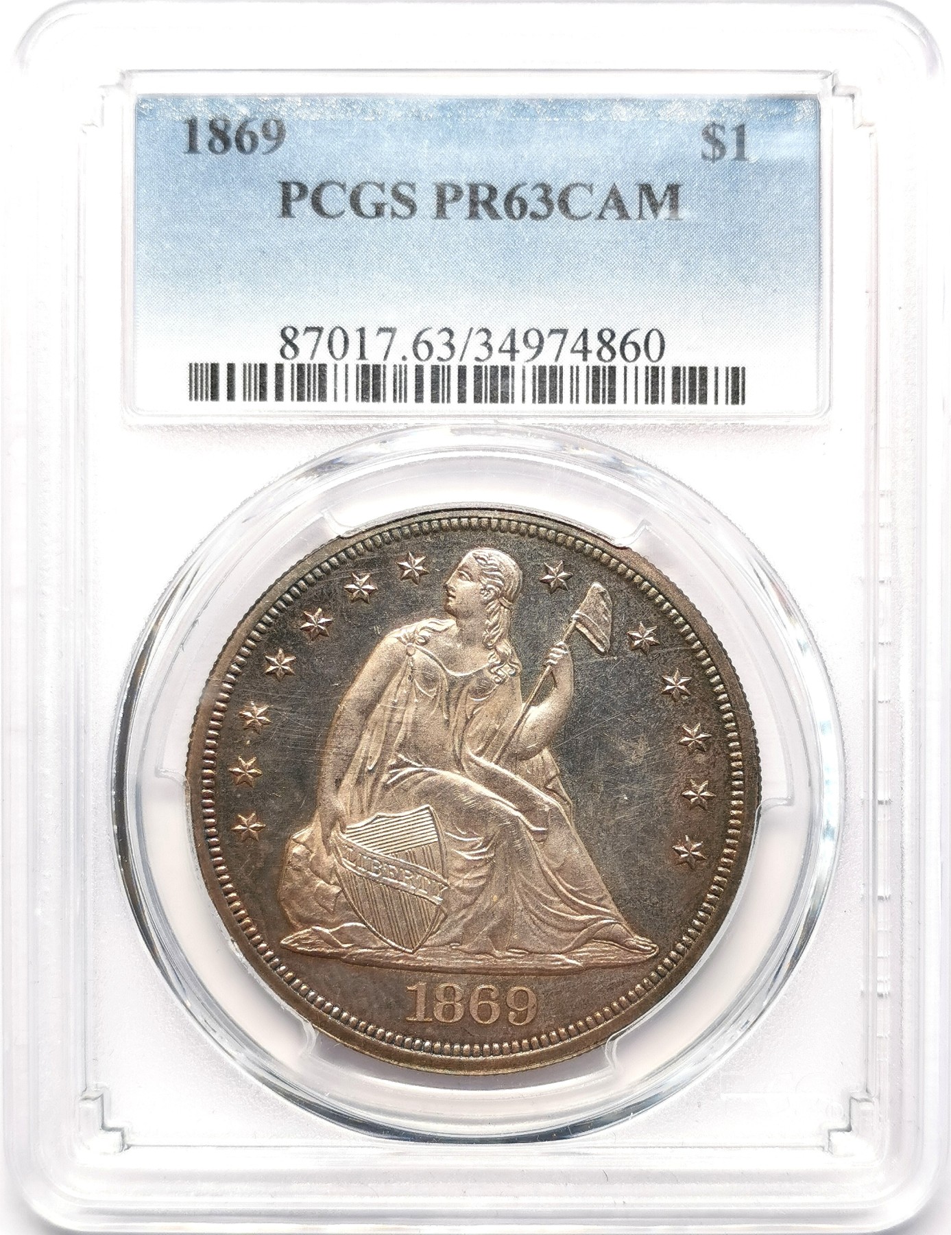 罕！1869美国seated liberty坐神壹元大银精铸PCGS-PR63CAMEO 发行量仅仅600枚的美利坚精制主币，镜面喷砂效果强烈，女神和雄鹰细节拉满，配上双面均匀的淡彩包浆，绝对是值得藏家出手的一枚。