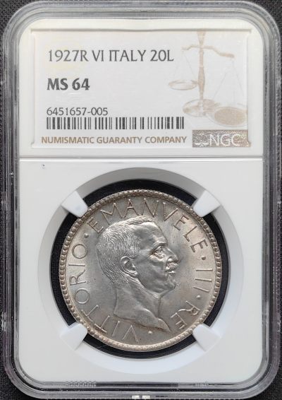 第28期钱币微拍  全场包邮 年终有奖竞拍 - NGC MS64 意大利 1927年R 艾曼纽尔三世 20里拉银币 
