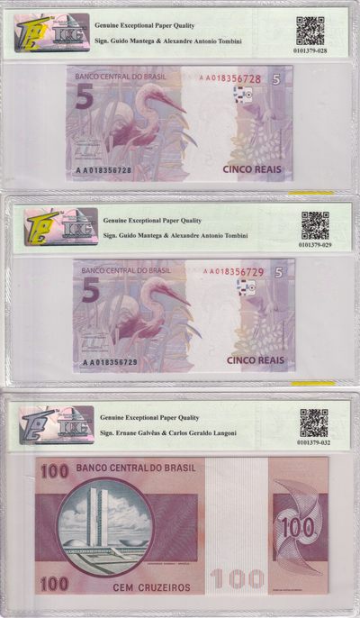 🌗乐淘淘世界纸币收藏拍卖 第36期🌓 【三张组合】巴西纸币三张 两张首发AA冠5雷亚尔 一张100克鲁塞罗 TQG67GEPQ