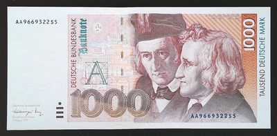 世界靓号纸钞第三十六期-新年迎元旦（有更新） - 1991年德国1000马克 经典格林兄弟 AA冠 全程无47 品相如图 全新UNC
