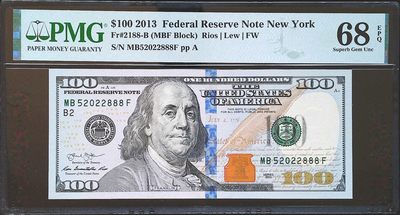 世界靓号纸钞第三十六期-新年迎元旦（有更新） - 2013年美国100美元 全程无347 520头豹子号888尾 PMG68高分
