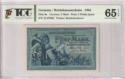 🌗乐淘淘世界纸币收藏拍卖 第36期🌓 【Q.652062】德国1904年纸币 5马克 无47 TQG65EPQD