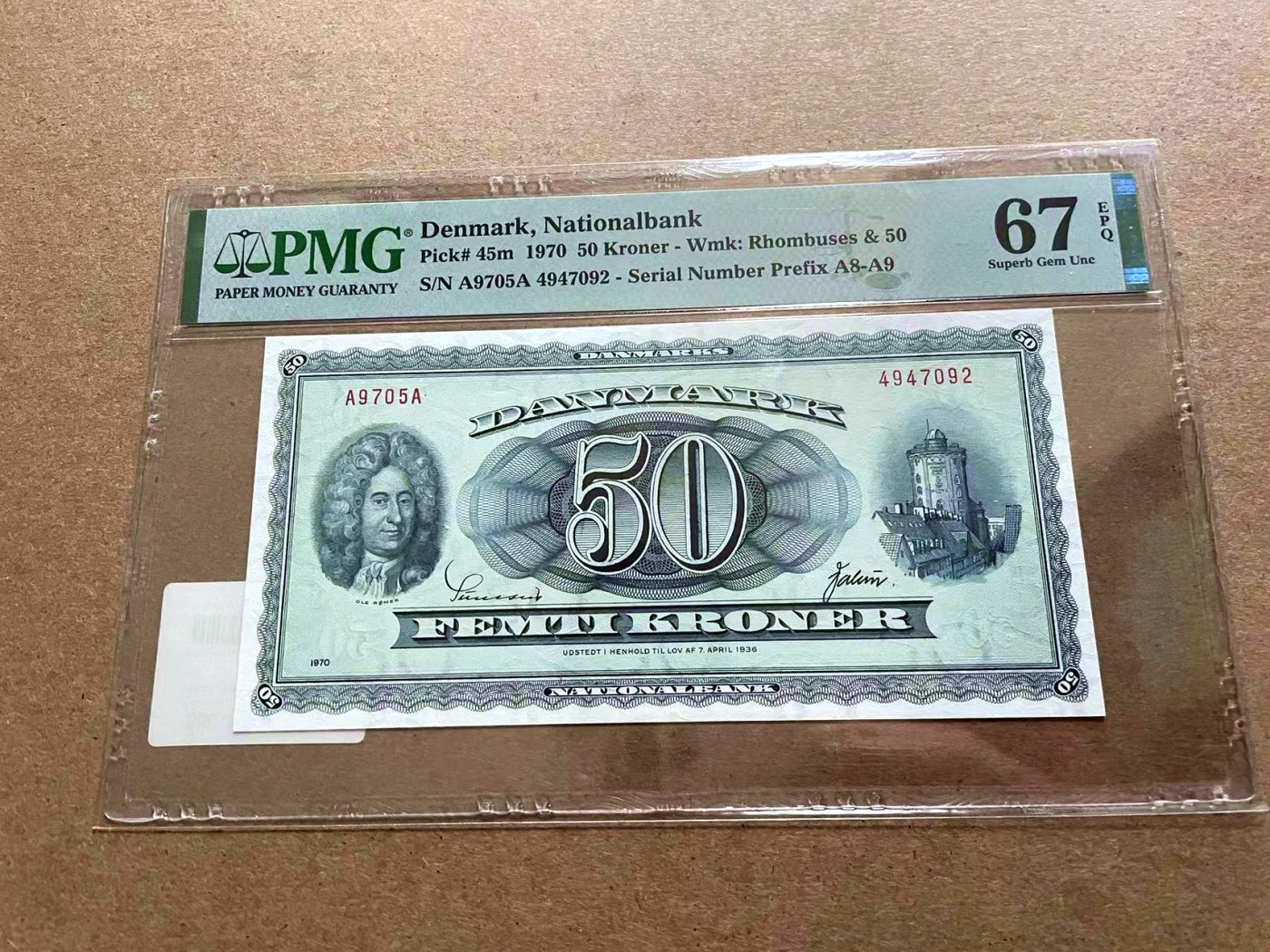 【Blue Auction】✨世界纸币精拍第410期【精】 丹麦 1970年50克朗 PMG67EPQ 高分 