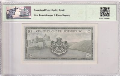 🌗乐淘淘世界纸币收藏拍卖 第36期🌓 【B 264426】卢森堡1954年纸币 10法郎 数三 TQG66EPQD