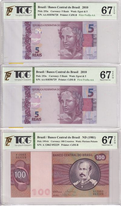 🌗乐淘淘世界纸币收藏拍卖 第36期🌓 【三张组合】巴西纸币三张 两张首发AA冠5雷亚尔 一张100克鲁塞罗 TQG67GEPQ