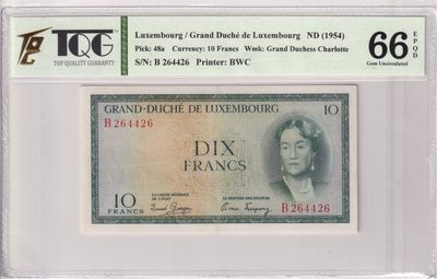 🌗乐淘淘世界纸币收藏拍卖 第36期🌓 【B 264426】卢森堡1954年纸币 10法郎 数三 TQG66EPQD