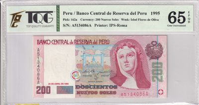 🌗乐淘淘世界纸币收藏拍卖 第36期🌓 【A5134086A】秘鲁1995年纸币 200新索尔 AA冠 乱蛇号 TQG65EPQD