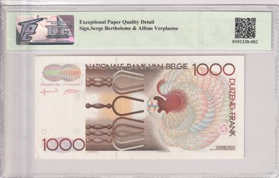 🌗乐淘淘世界纸币收藏拍卖 第36期🌓 【61108162895】比利时1992年纸币 1000法郎 长号无47 TQG65EPQD