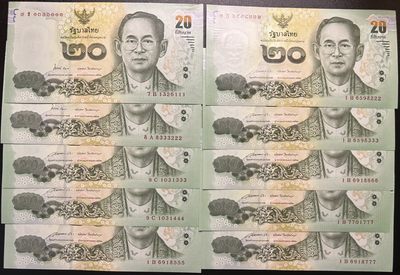 🌗乐淘淘世界纸币收藏拍卖 第36期🌓 【豹子号十张】泰国2013年纸币十张 20泰铢 豹子号 大多数无47 全新UNC