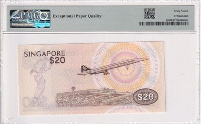 🌗乐淘淘世界纸币收藏拍卖 第36期🌓 【A/79 550355】新加坡1979年纸币 20元 鸟版 PMG67EPQ 亚军分