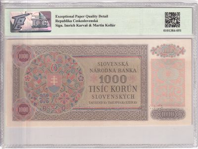 🌗乐淘淘世界纸币收藏拍卖 第36期🌓 【4L3 270401】捷克斯洛伐克1940年纸币 1000克朗 精美样钞 TQG65EPQD